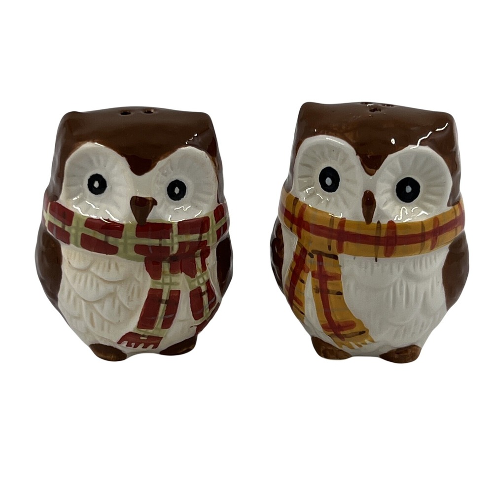 Pier 1 One Owl Design Salt Pepper Shakers Winter Scarves Brown 3"